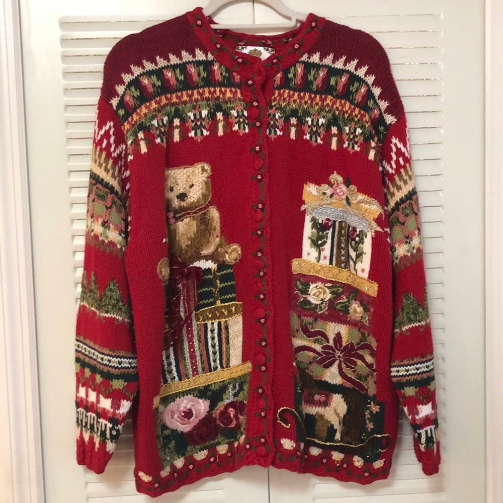 Festive Red Women's Sweater with Bear and Gift Design